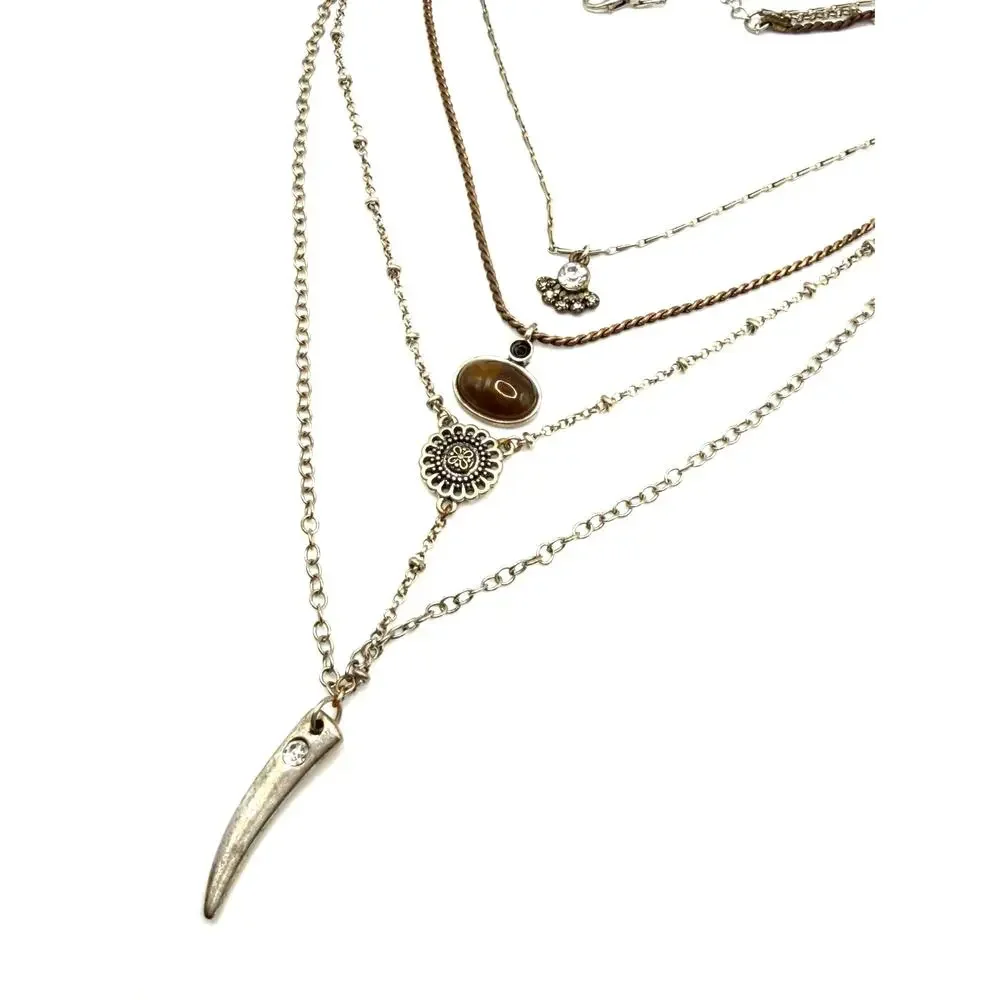 Y2K Layered Mixed Metal Charm Necklace | Faux Tiger Eye & Tusk Pendant